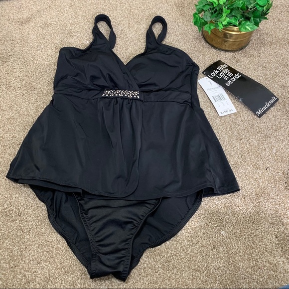 Miraclesuit V-Neck One Piece Swimsuit Black 14 - Picture 2 of 10